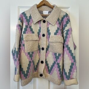 NWT LUSH Lightweight Jacquard Sherpa lined Sweater Jacket Cream/Lilac Size Med.
